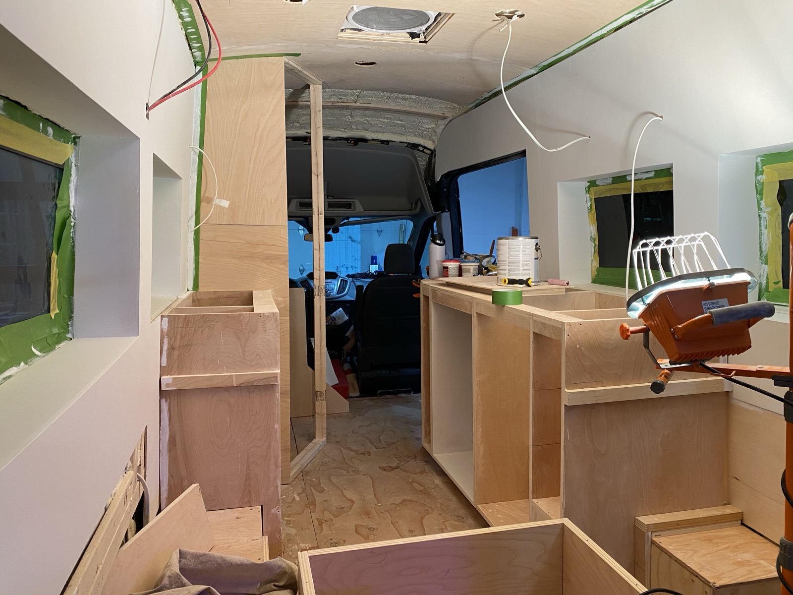 The galley counter and plywood bench boxes coming together