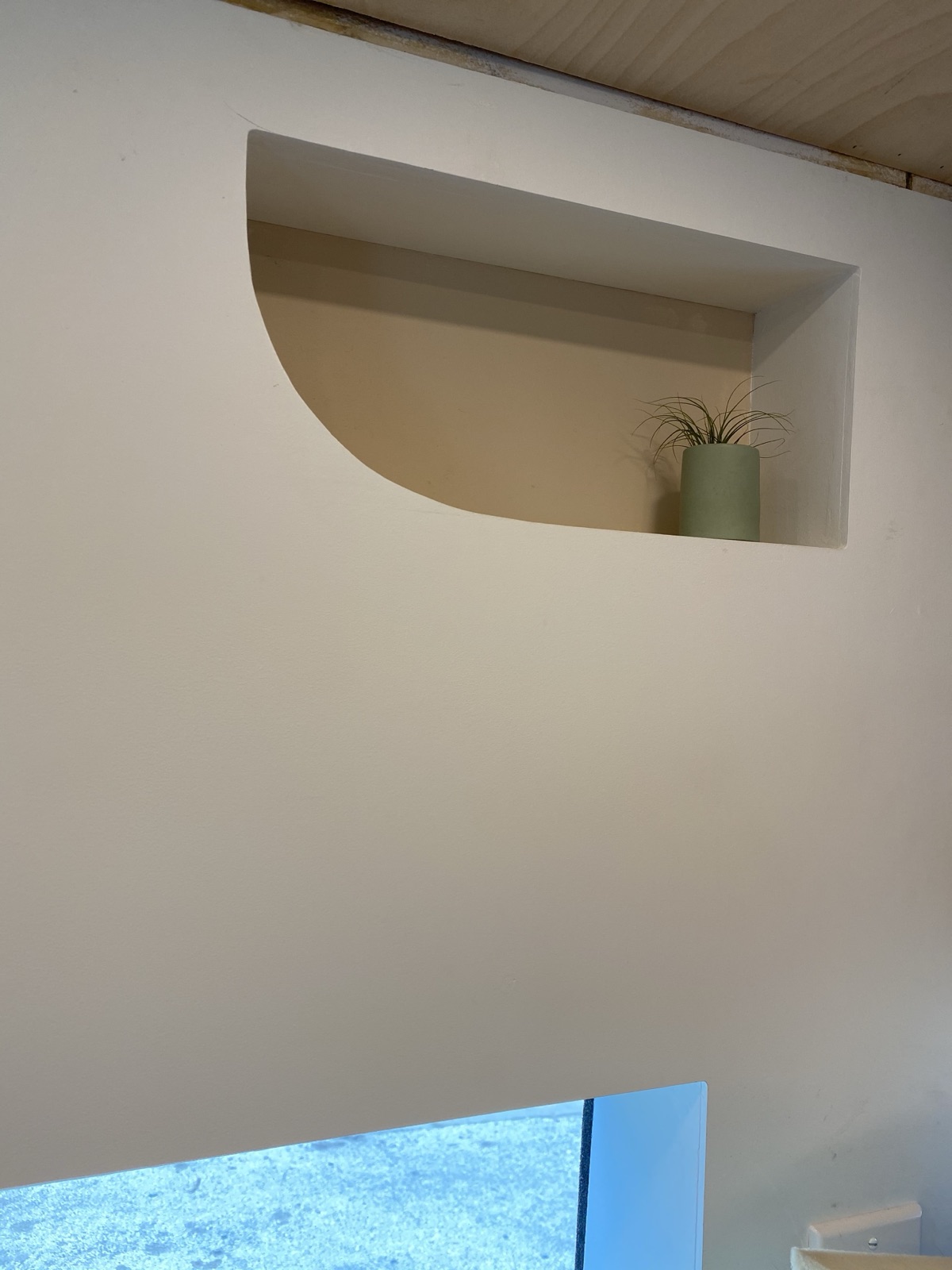 A rounded arched cutout in a white panel with a small plant