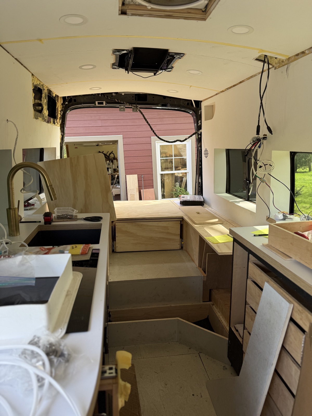 The interior looking toward the rear, with counters and the new lounge base