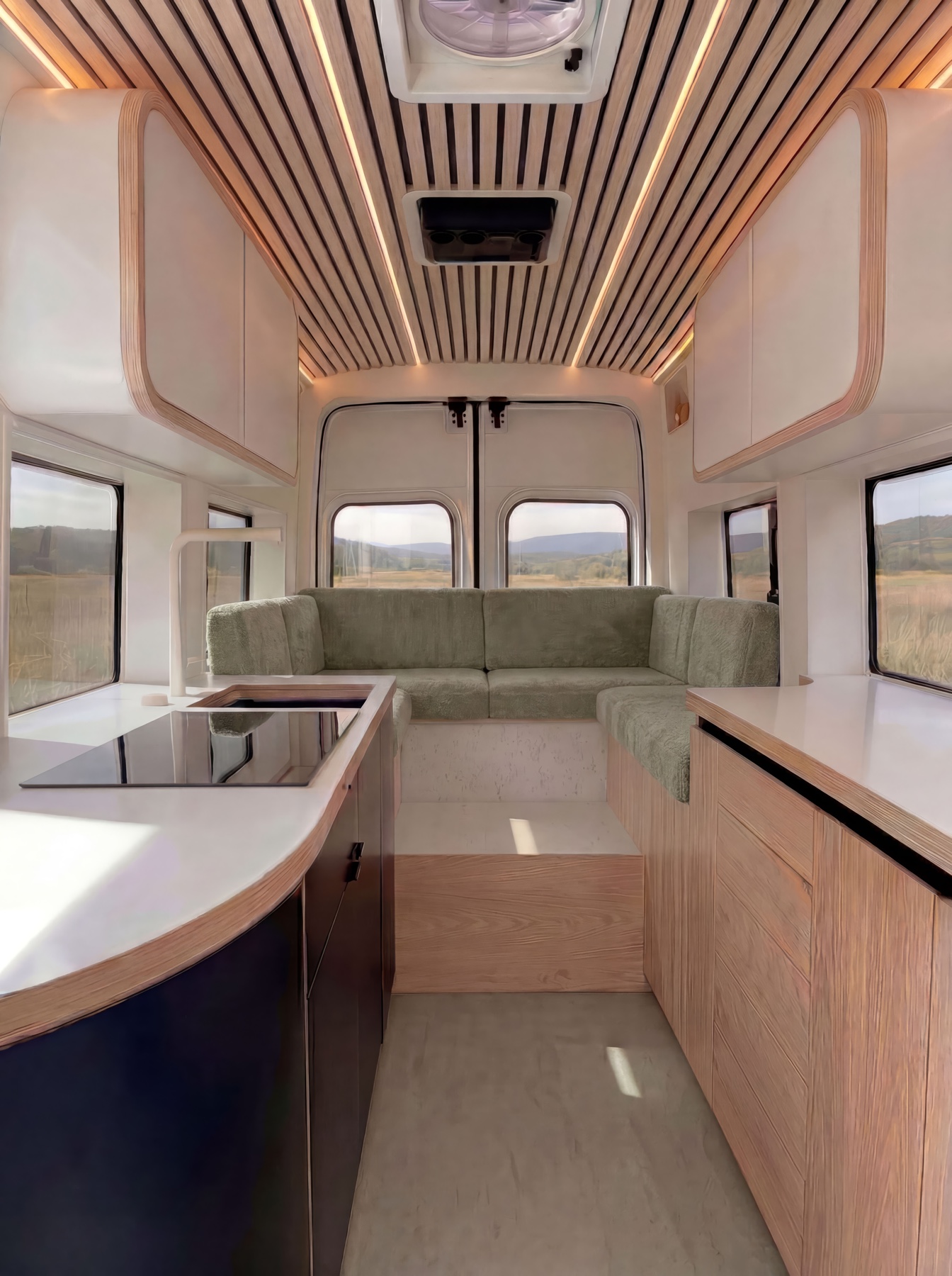 Proposed finished interior with slatted wood ceiling, curved cabinet fronts and upholstered rear lounge